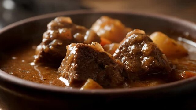 Close-up macro shot of rich, slow-cooked beef stew, goulash, or casserole served in a rustic brown ceramic bowl with deep, moody lighting.