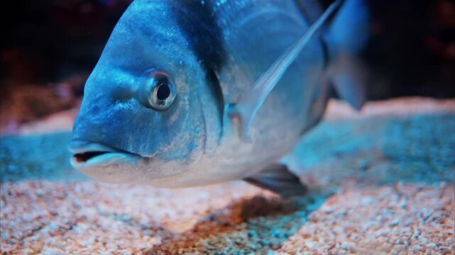 Close up shot of a gilthead seabream swimming gracefully in a saltwater aquarium.