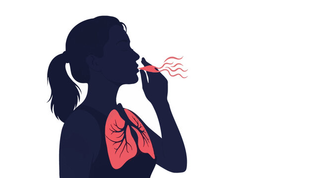 Profile silhouette of a woman practicing deep breathing exercises with a visible anatomical lung illustration and exhaled air vapor waves on a white background for health.