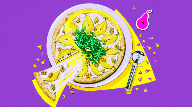 Creative food illustration of a Neapolitan pizza with pear, gorgonzola blue cheese, and arugula on a purple background. Features a pull slice with hand-drawn cheese strings and doodle art.