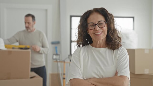 Middle aged woman smiling with arms crossed beside moving boxes while man handles helmet in building; contentment teamwork.