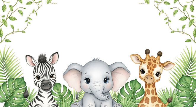 Cute baby safari animals elephant zebra giraffe with green leaves desig