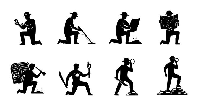 Treasure Hunter Icons: Silhouette Set of 8 Adventurer Actions, Map, Metal Detector, Magnifying Glass
