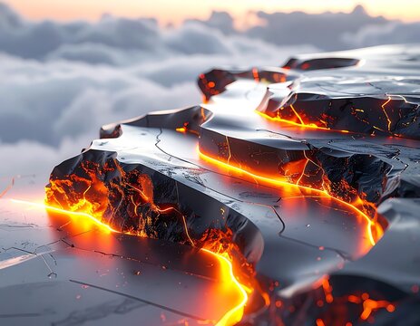 Molten lava flows on cracked earth.