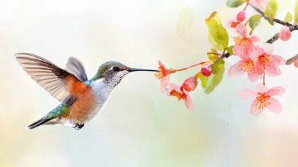 Obraz premium Vibrant hummingbird hovering near pink blossoms, showcasing nature beauty and delicate details