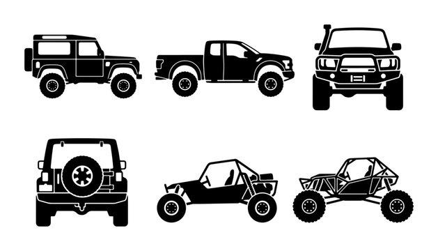 Off-road Vehicles Set, Rugged 4x4 Trucks & Buggies, Black Silhouette Icons for Adventure