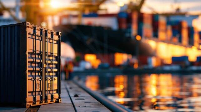 Container ship loading containers at busy commercial port, representing global cargo logistics and international trade image with copy space