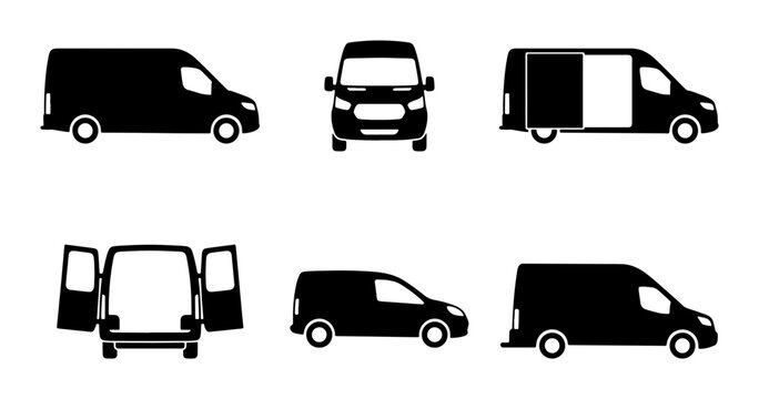 Commercial Van Icons Set: Cargo Delivery Vehicle Views, Black Silhouette Vector Graphics
