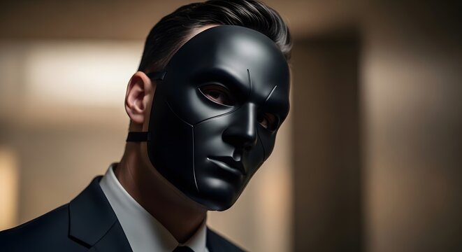 Mysterious Man in Black Mask Wearing a Suit, Intriguing and Secretive Portrait