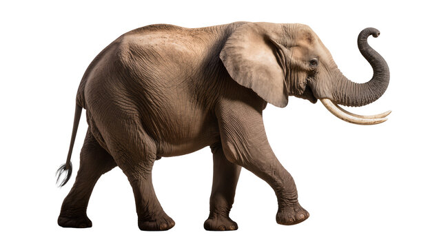 African elephant with tusks walking side view, full body