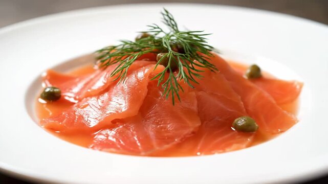 Gourmet salmon carpaccio or gravlax appetizer garnished with fresh dill and capers, served on a white plate for fine dining