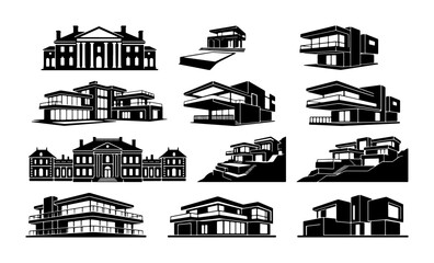 Naklejka premium Modern & Classic Architecture Icons: Luxury Homes, Mansions, Estates, Vector Set