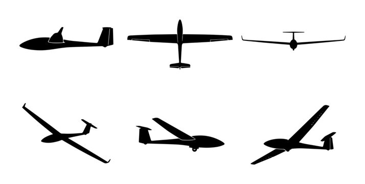 Glider Aircraft Silhouettes, Set of Six Vector Icons for Aviation and Sport