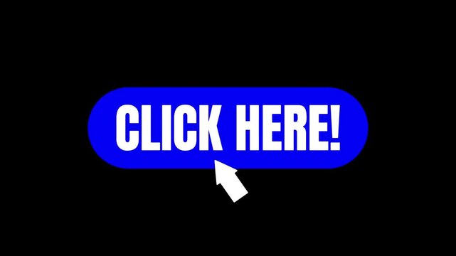 Mouse cursor clicking a blue click here button on a black background, ideal for representing user interface elements, website navigation, digital interaction, and call to action concepts. 4K video