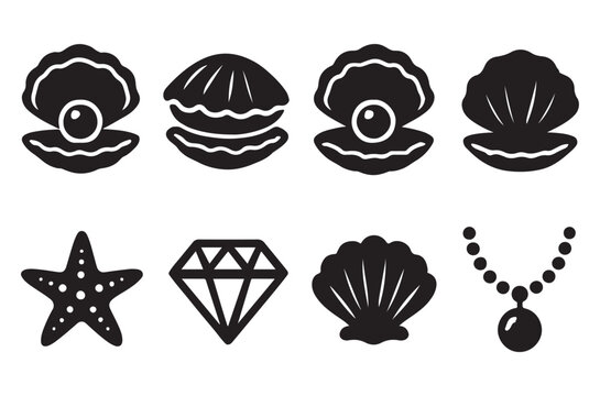 Seashells Starfish Diamond And Pearl Necklace Silhouettes On White