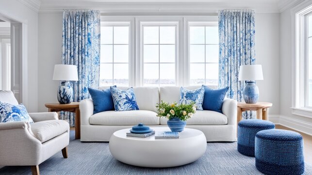 Elegant living room with blue and white coastal decor and comfortable seating