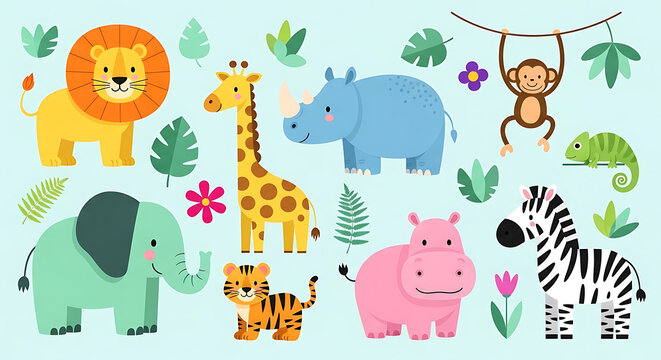 Cartoon jungle animals lion elephant giraffe rhino zebra hippo monkey chameleon