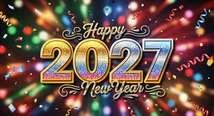 Happy new year 2027 sparkling celebration with glittering numbers and confetti