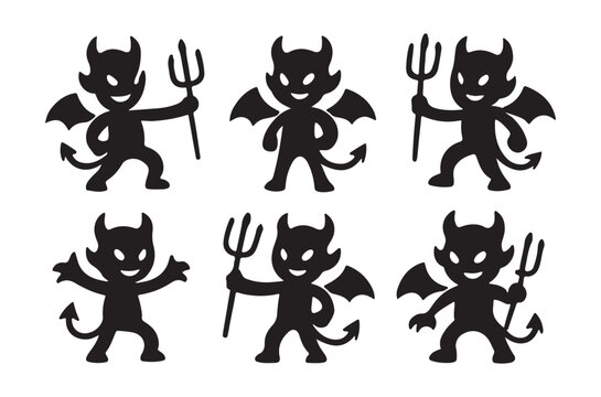 Devil silhouettes with tridents black vector illustration on white background