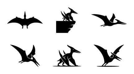 Pterodactyl Silhouette Icons, Prehistoric Flying Reptile Vector Set, Ancient Dinosaur Winged Creature Graphics © Sumaiya
