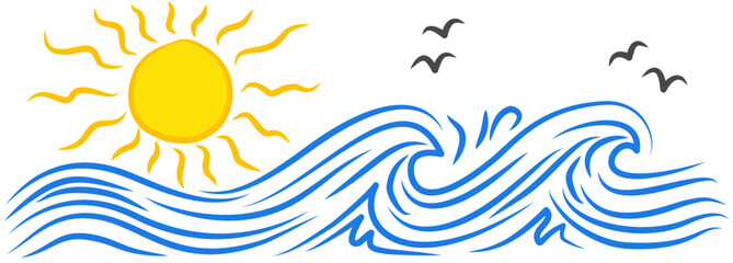 Minimalist ocean waves and sun graphic with flying birds illustration for summer and beach themes © ShreeGraphica