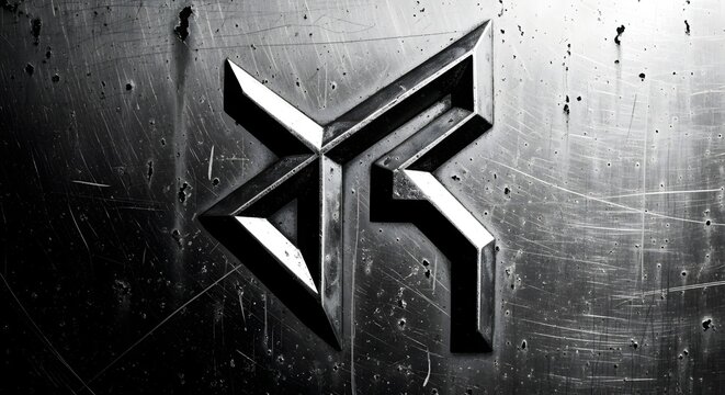 Futuristic metallic monogram symbol embossed on scratched dark steel background