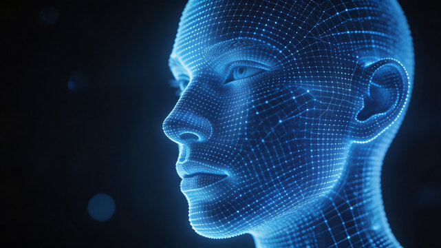 Digital human head wireframe emphasizing network speed and cloud computing