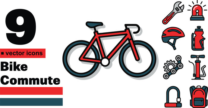 A collection of nine colorful vector icons featuring a red bicycle and various essential cycling accessories designed with bold lines for modern digital graphic projects.