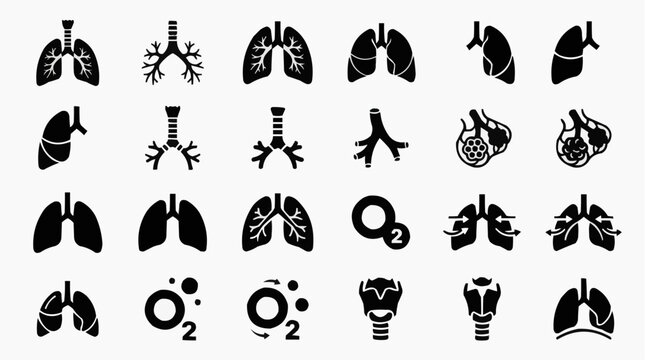 Collection of human respiratory system icons showing lungs, bronchi, trachea, and oxygen molecules in a simplified black silhouette style.