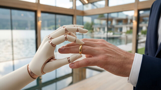 Bionik Bionics Biomechanisch Biorobotics Hände Ringtausch Hochzeit Bioroboter Trauung Künstliche Hand Bionische Roboterhand steckt einen Ehering an eine menschliche Hand