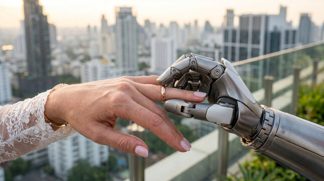 Bionik Bionics Biomechanisch Biorobotics Hände Ringtausch Hochzeit Bioroboter Trauung Künstliche Hand Bionische Roboterhand steckt einen Ehering an eine menschliche Hand