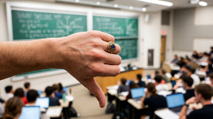Fototapeta premium Student showing thumbs down gesture in college lecture hall class