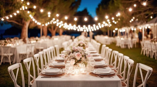 Elegant outdoor wedding reception dinner setup with string lights and floral centerpieces at dusk
