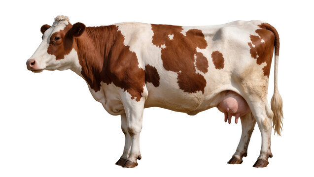 Brown and white spotted cow with udder
