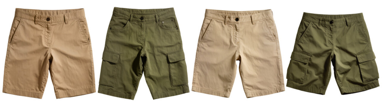A collection of men's khaki and olive green chino shorts, presented from various angles on transparent.