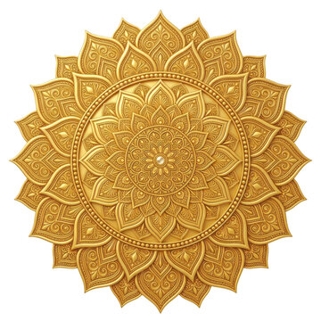 Intricate golden mandala ornament with floral patterns and central pearl isolated on transparent background