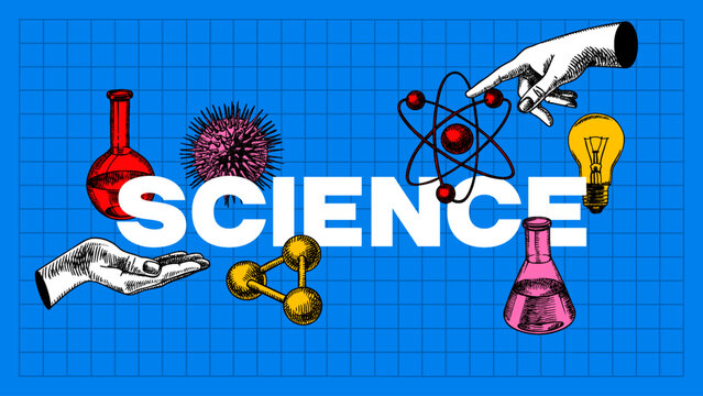 Trendy sketch collage banner with scientific elements. Science, education, technology, laboratory, medicine concept. Modern art hand drawn vector illustration