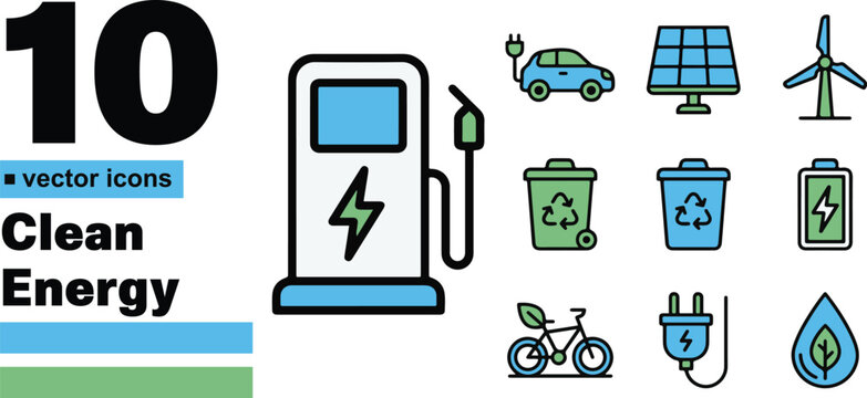 A collection of ten colorful clean energy vector icons featuring electric vehicle charging stations, solar panels, wind turbines, recycling bins, batteries, bicycles, and water drops.