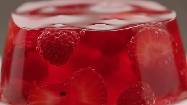 Macro shot of vibrant red fruit jelly dessert featuring fresh strawberries and raspberries encapsulated in transparent gelatin with air bubbles