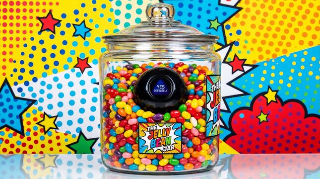Colorful jelly bean jar with magic 8 ball and pop art background