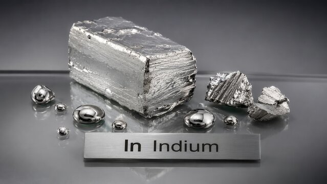 Indium metal block and spheres with a label showing the chemical symbol and name for indium in a studio setting