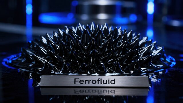 Black ferrofluid forms sharp spikes on a surface under blue light in a scientific demonstration showing magnetic fluid behavior and interaction with magnetic fields