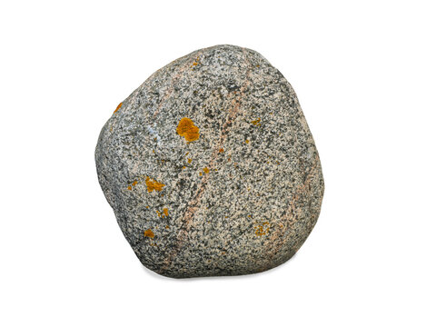  Granite stone with yellow lichen isolated on white background round boulder
