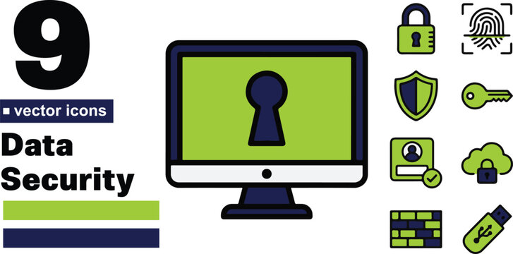 A professional set of nine digital data security vector icons featuring a computer monitor with a keyhole symbol and various vibrant neon green protection elements.