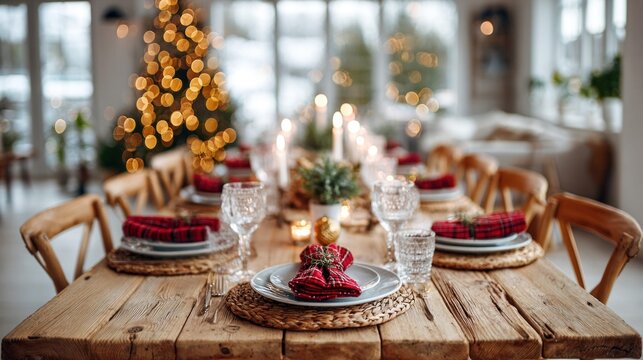 Festive Christmas dinner table setting with plaid napkins and twinkling lights