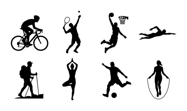Diverse Sports Silhouettes Collection: Cycling, Tennis, Basketball, Swimming, Hiking, Yoga, Soccer, Jump Rope