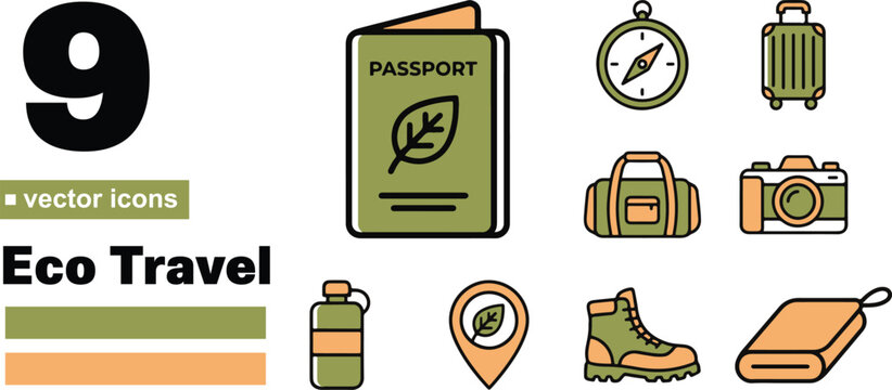 A collection of nine flat vector icons representing eco travel essentials including a passport compass suitcase camera duffel bag water bottle location pin hiking boot towel