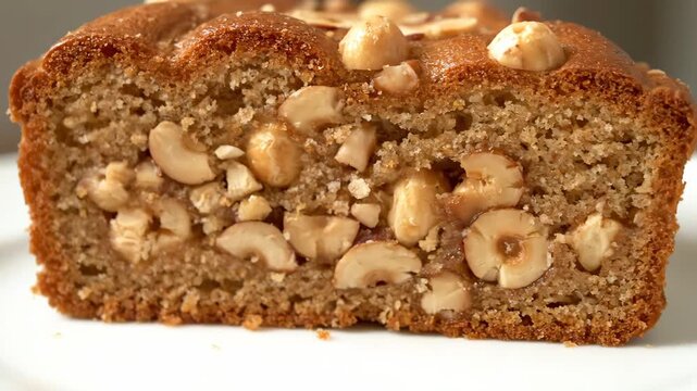 Macro close-up of hazelnut loaf cake slice on a white plate, highlighting the golden brown crust and moist crumb texture filled with chopped nuts