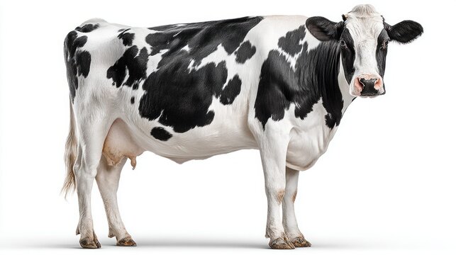 A black and white Holstein Friesian cow stands elegantly against a clean white background