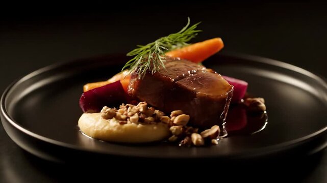 Fine dining plated meal: slow-cooked meat with glazed carrots, roasted beets, and nut garnish, presented dramatically on a matte black plate